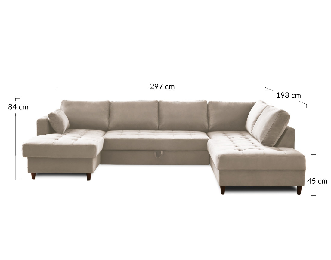 Canapé panoramique d'angle droit 7 places convertible avec coffre en velours Anna