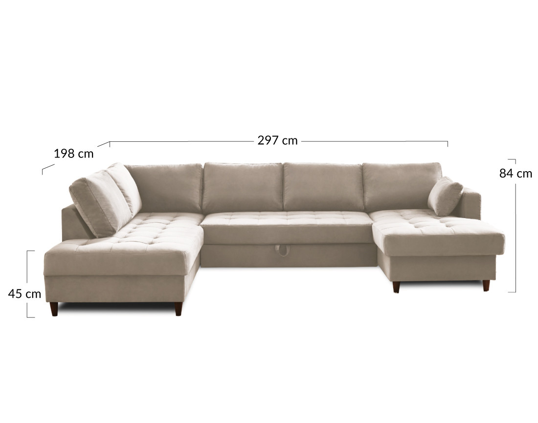 Canapé panoramique d'angle gauche 7 places convertible avec coffre en velours Anna