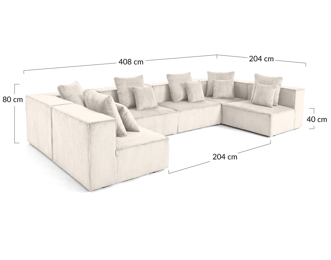 Canapé modulable panoramique 7 places en velours côtelé Colombine