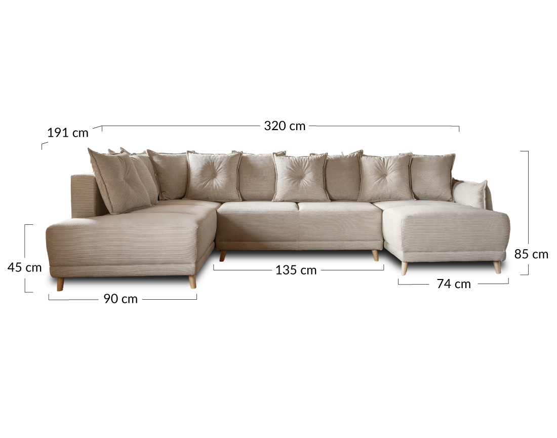 Canapé panoramique d'angle gauche 7 places convertible avec coffre en velours côtelé Lena