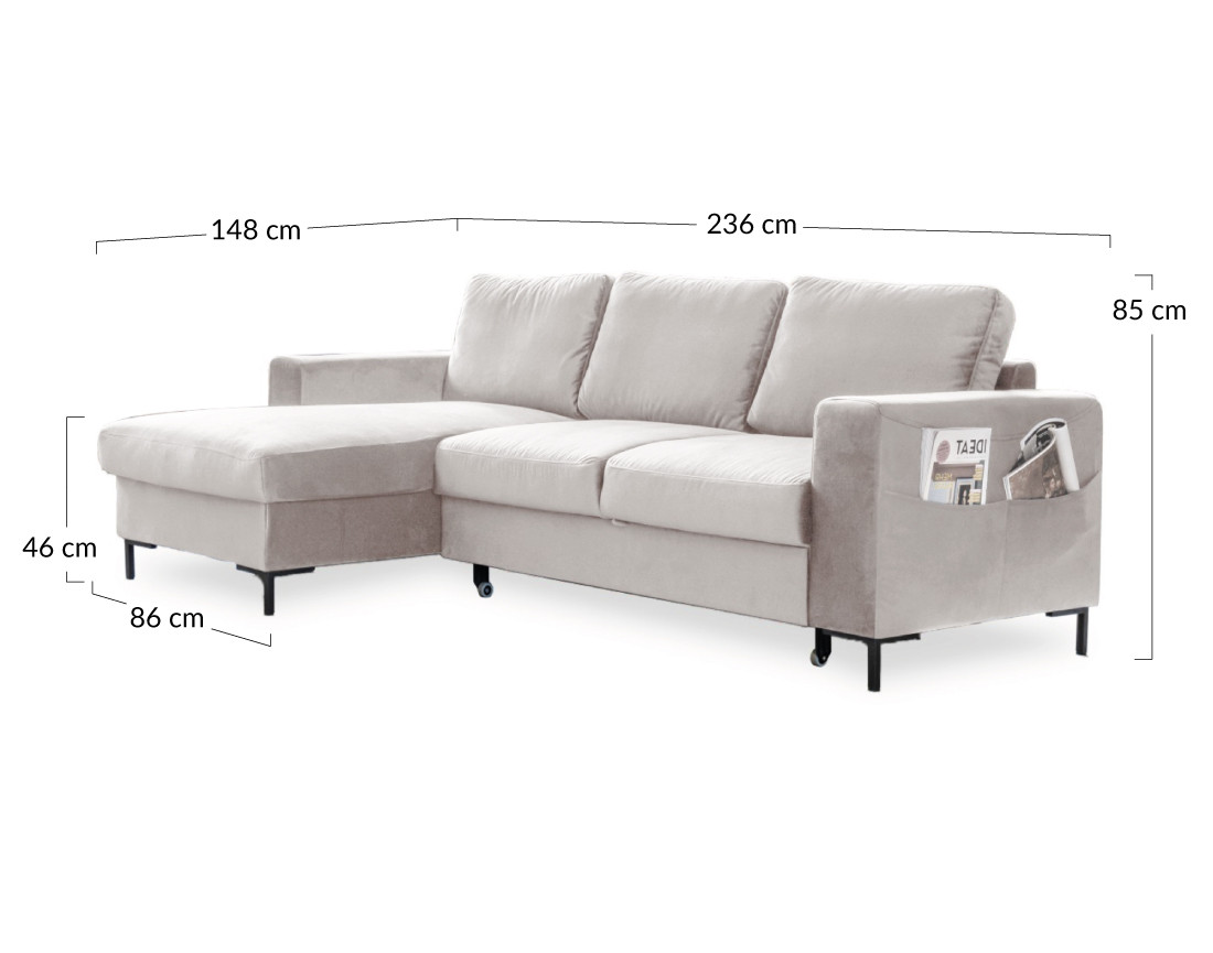 Canapé d'angle gauche 4 places convertible avec coffre en velours Lilly