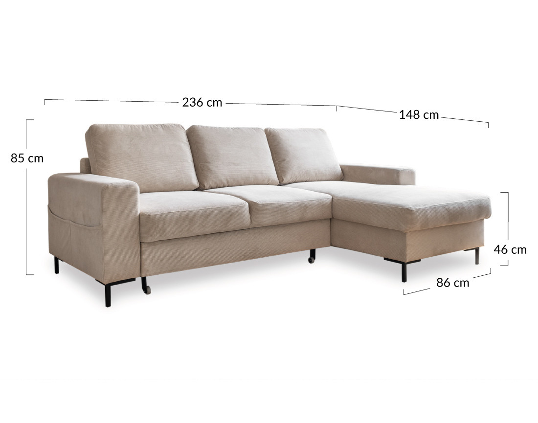 Canapé d'angle droit 4 places convertible avec coffre en velours côtelé Lilly