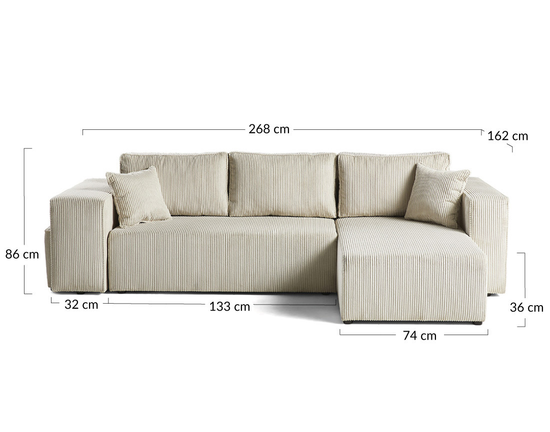 Canapé d'angle convertible en velours côtelé avec poufs Topaze