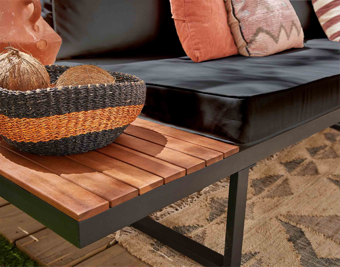 Salon de jardin en bois et métal 5 places coussins gris Yulara