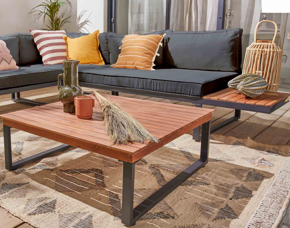 Salon de jardin en bois et métal 5 places coussins gris Yulara