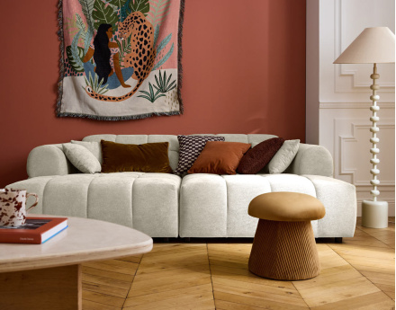 Canapé droit 4 places avec double méridienne en tissu texturé Ray