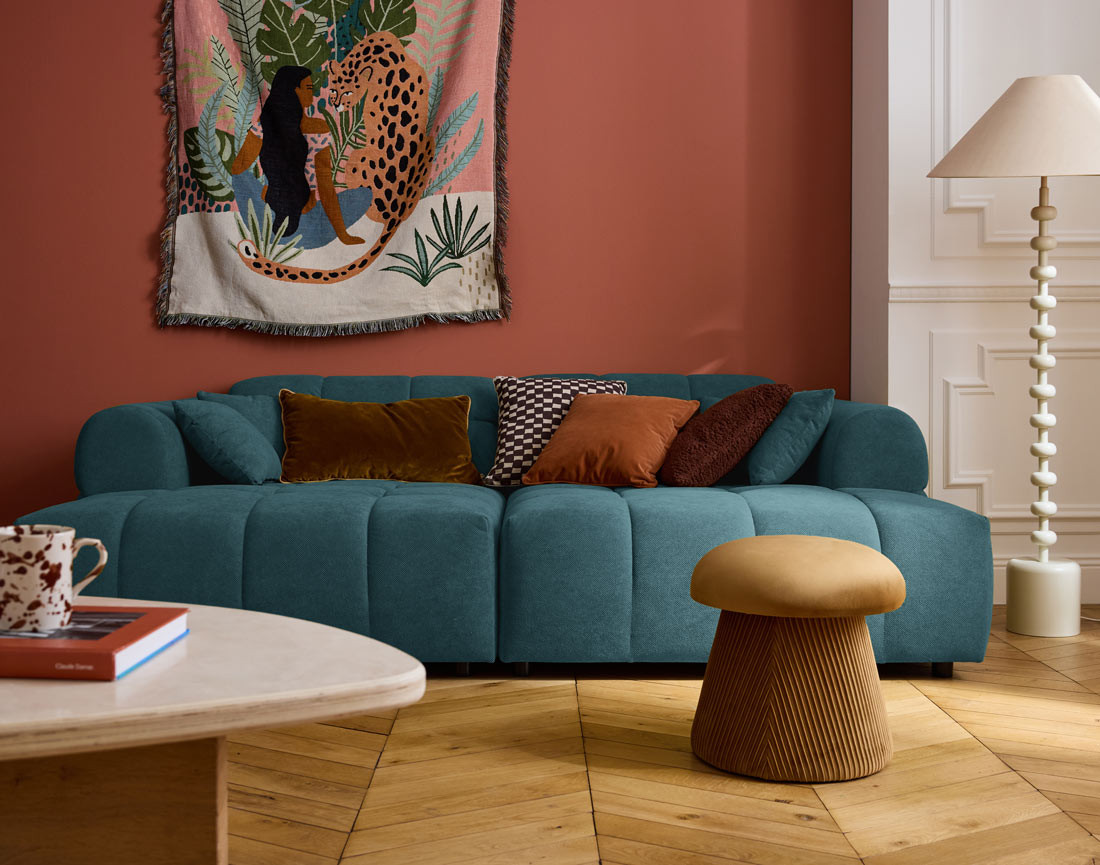 Canapé droit 4 places avec double méridienne en tissu texturé Ray