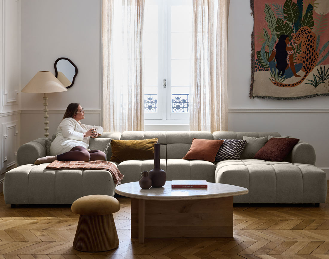 Canapé panoramique en U 7 places en tissu texturé Ray