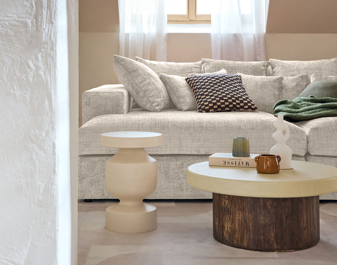 Canapé droit 4 places avec double méridienne en velours texturé Collins