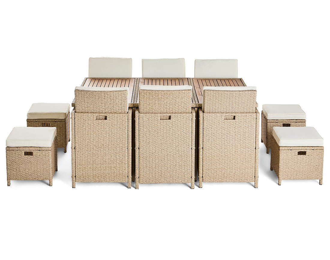 Salon de jardin encastrable en résine tressé beige 10 places coussins beige et housse de protection Cuba