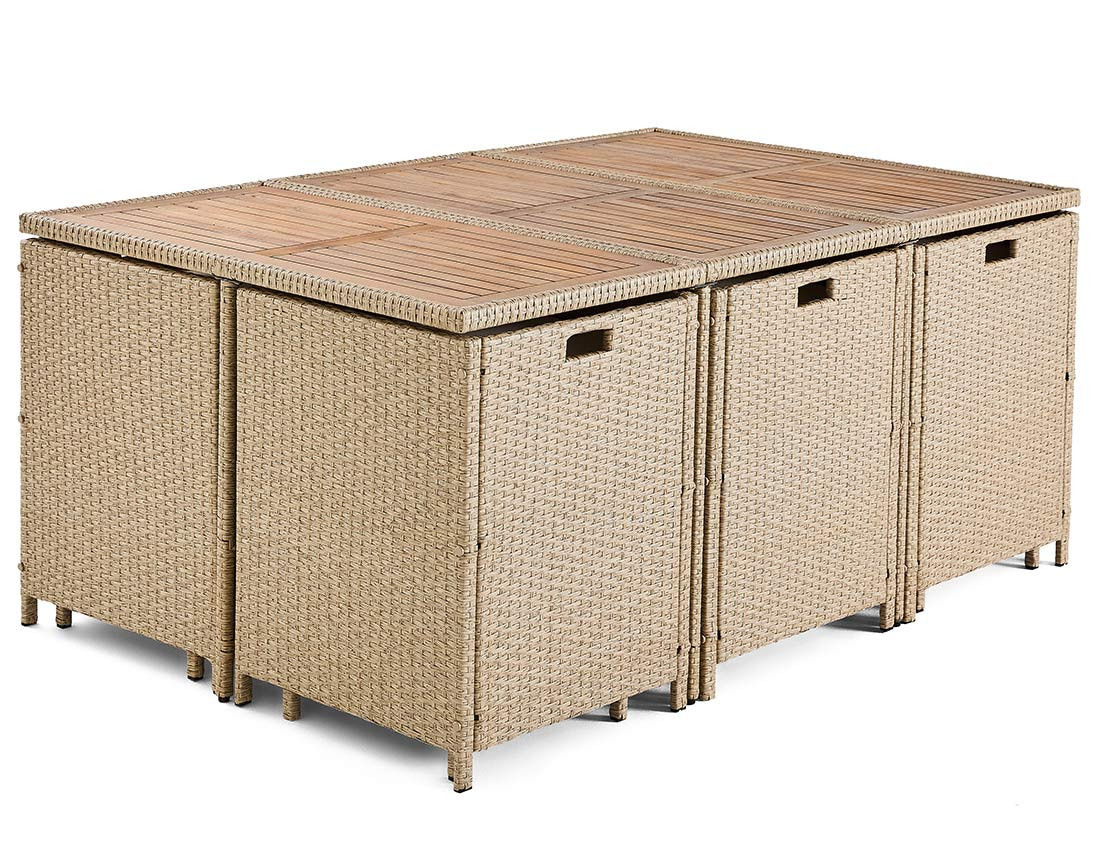 Salon de jardin encastrable en résine tressé beige 10 places coussins beige et housse de protection Cuba