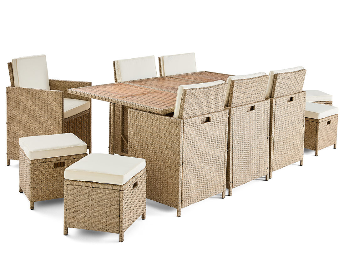 Salon de jardin encastrable en résine tressé beige 10 places coussins beige et housse de protection Cuba