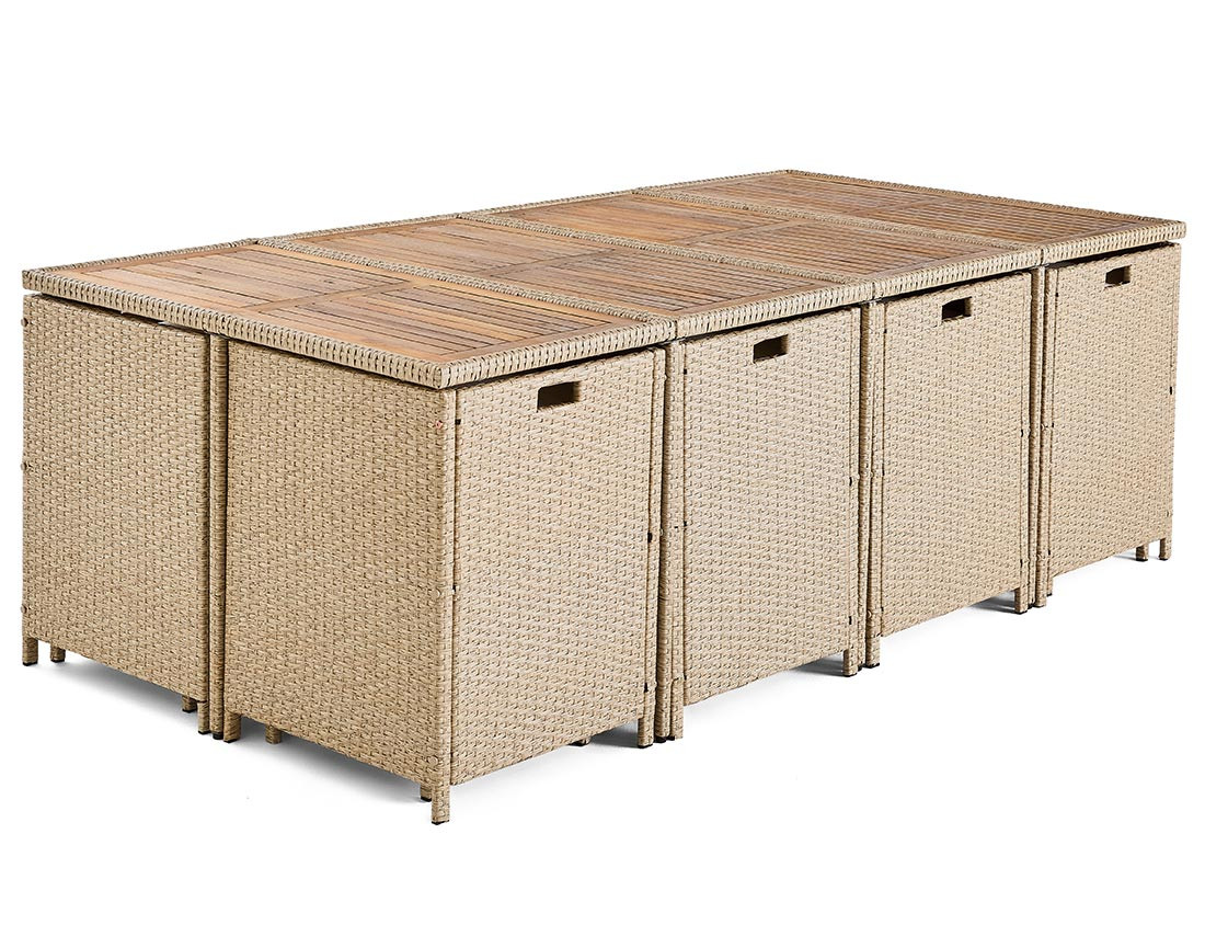 Salon de jardin encastrable en résine tressé beige 12 places coussins beige et housse de protection Cuba