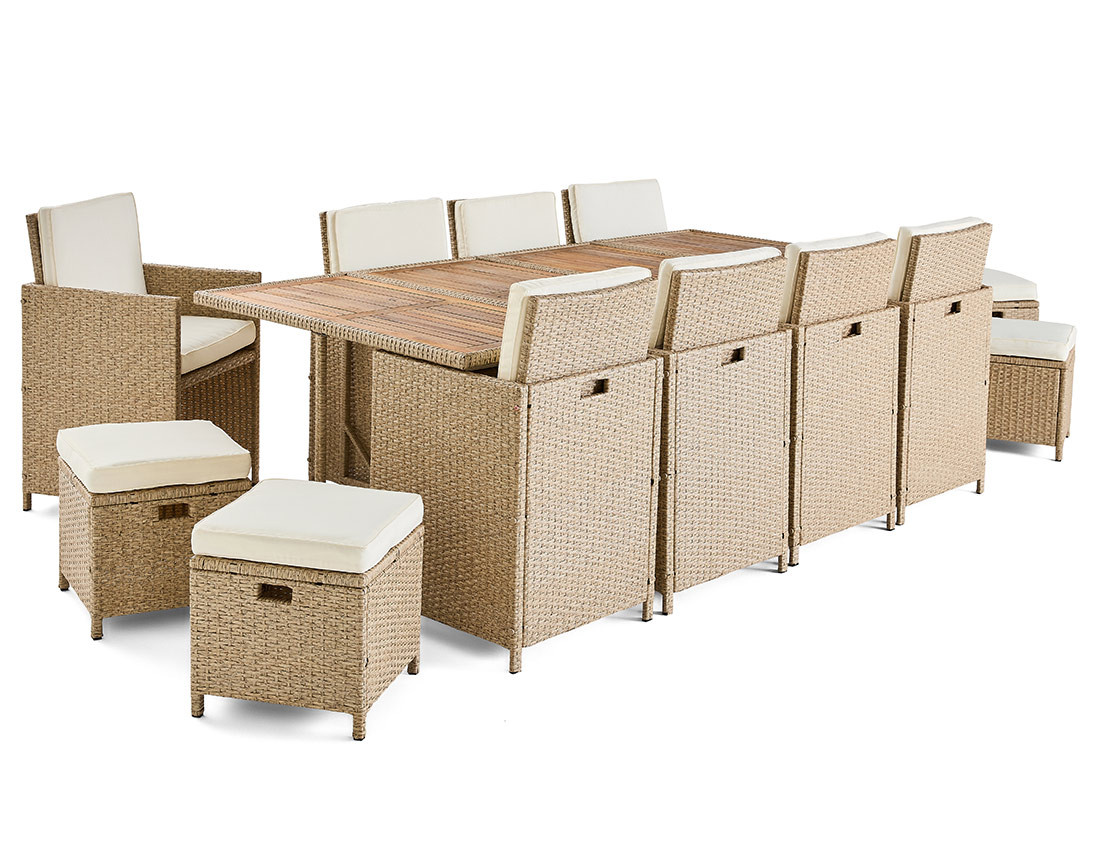 Salon de jardin encastrable en résine tressé beige 12 places coussins beige et housse de protection Cuba