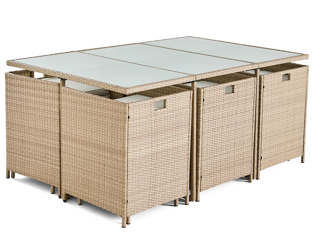 Salon de jardin encastrable en résine tressée beige 10 places coussins beige avec housse de protection Fira