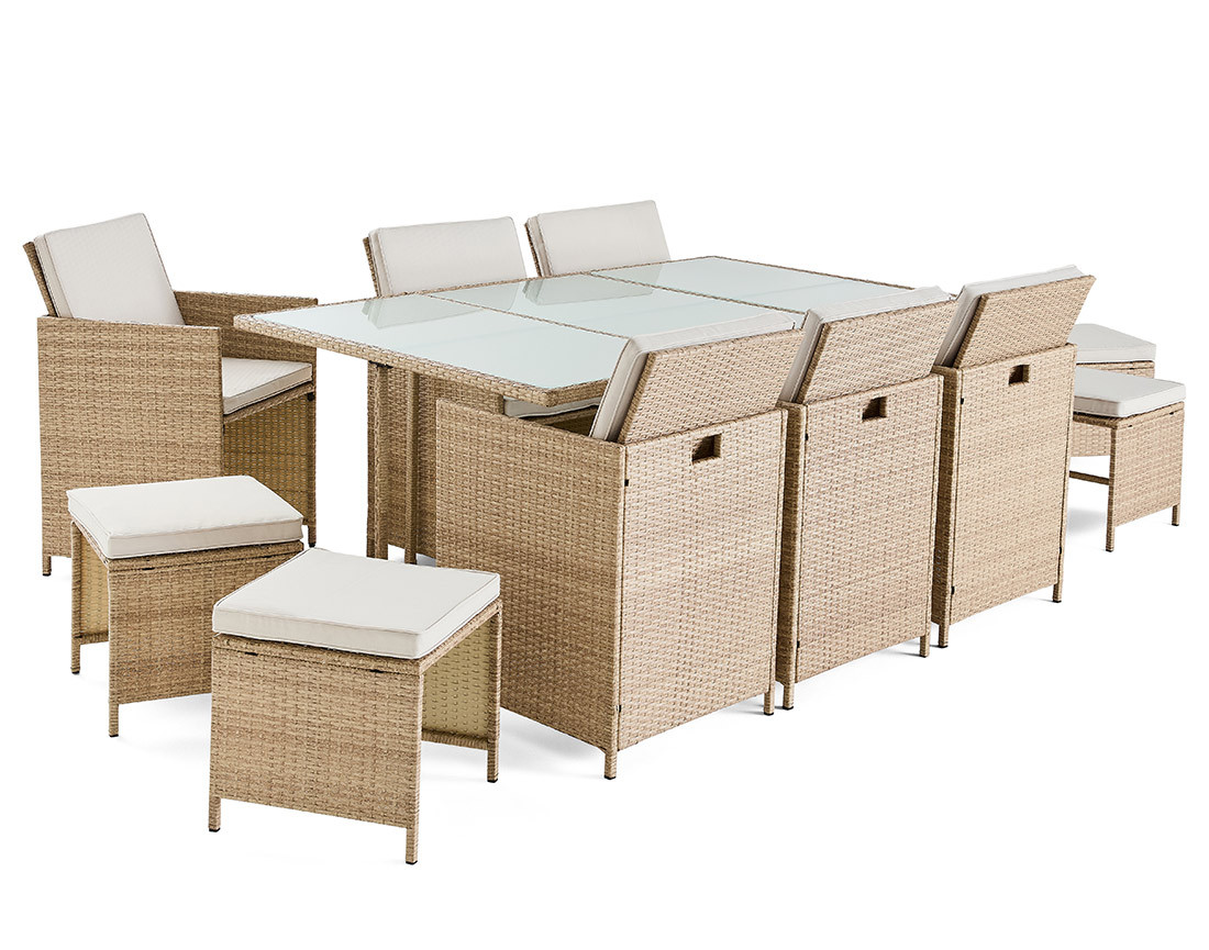 Salon de jardin encastrable en résine tressée beige 10 places coussins beige avec housse de protection Fira