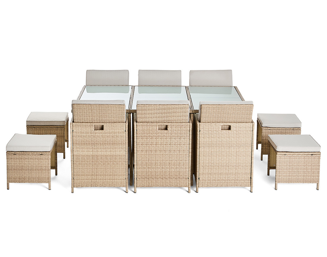 Salon de jardin encastrable en résine tressée beige 10 places coussins beige avec housse de protection Fira