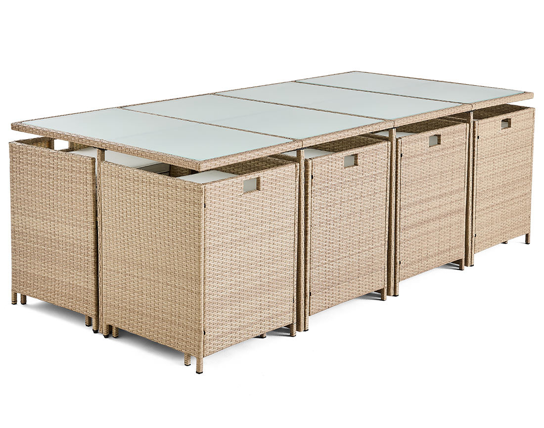 Salon de jardin encastrable en résine tressée beige 12 places coussins avec housse de protection beige Fira