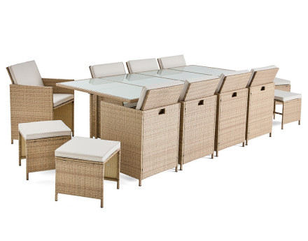 Salon de jardin encastrable en résine tressée beige 12 places coussins avec housse de protection beige Fira