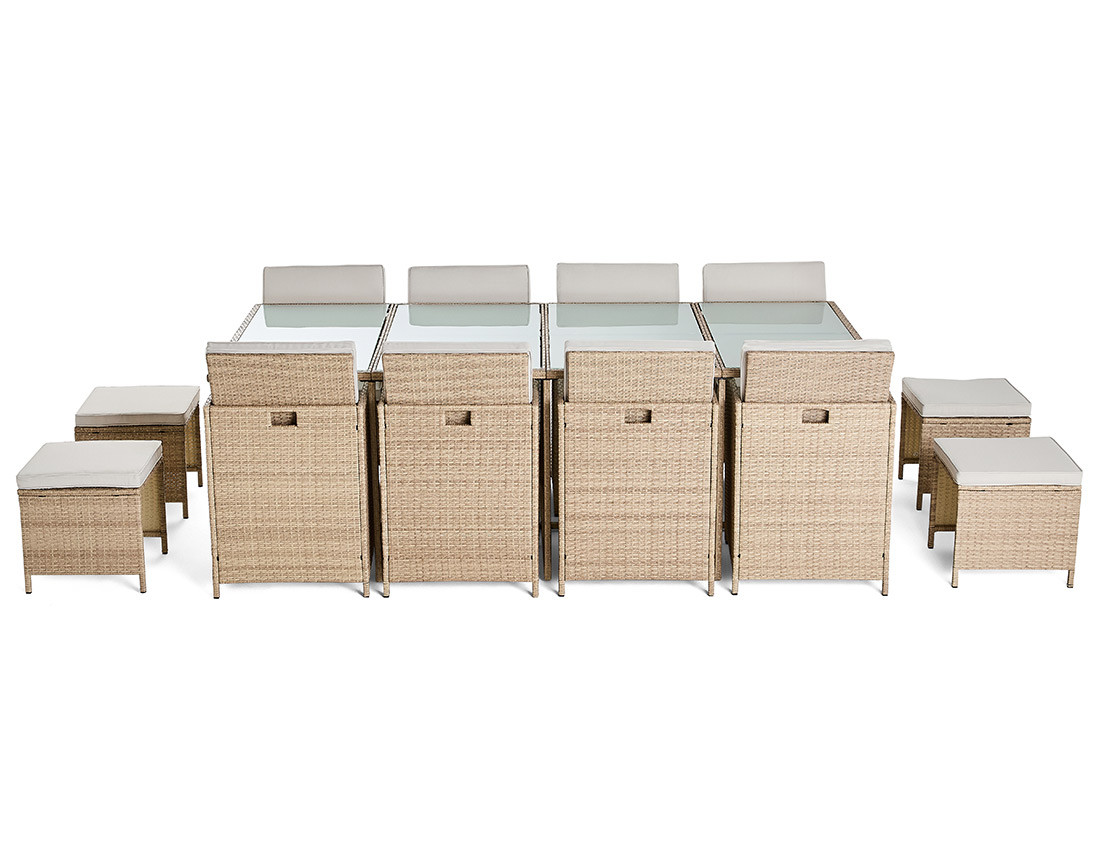 Salon de jardin encastrable en résine tressée beige 12 places coussins avec housse de protection beige Fira