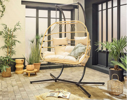 Fauteuil suspendu 2 places naturel et coussins beiges Mirella
