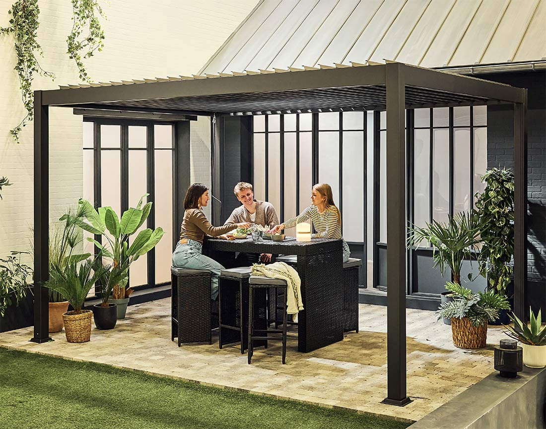 Ensemble table haute et tabourets de jardin en résine noir 6 places coussins gris Yoana