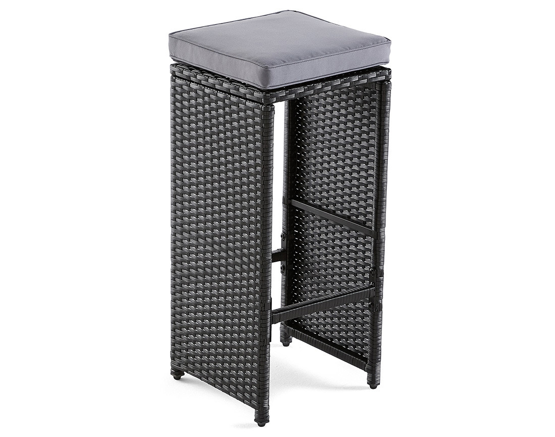 Ensemble table haute et tabourets de jardin en résine noir 6 places coussins gris Yoana