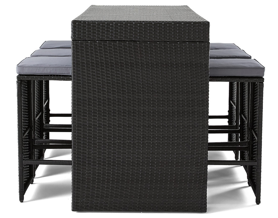 Ensemble table haute et tabourets de jardin en résine noir 6 places coussins gris Yoana