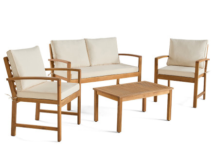 Salon de jardin en bois massif d'acacia 4 places coussins beige Kaili