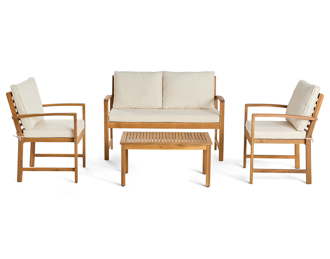 Salon de jardin en bois massif d'acacia 4 places coussins beige Kaili