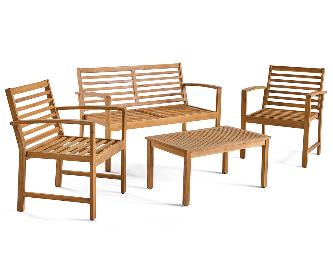 Salon de jardin en bois massif d'acacia 4 places coussins beige Kaili