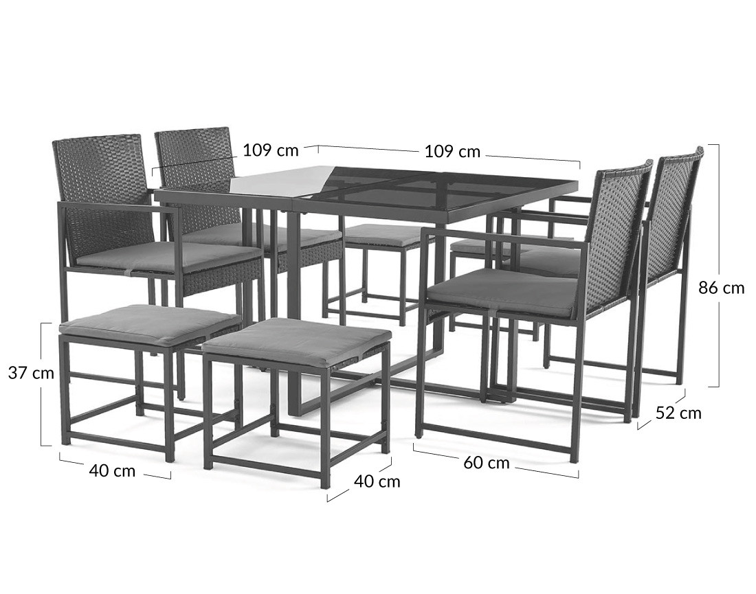 Ensemble table et chaises de jardin en acier noir 8 places coussins gris Olaria