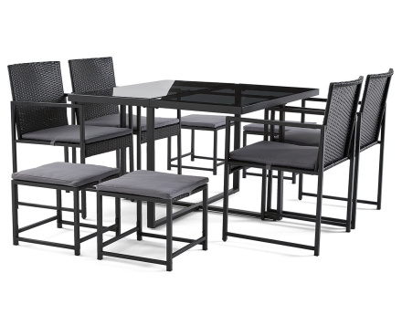 Ensemble table et chaises de jardin en acier noir 8 places coussins gris Olaria