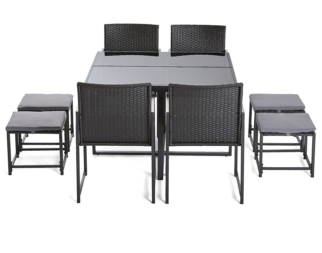 Ensemble table et chaises de jardin en acier noir 8 places coussins gris Olaria