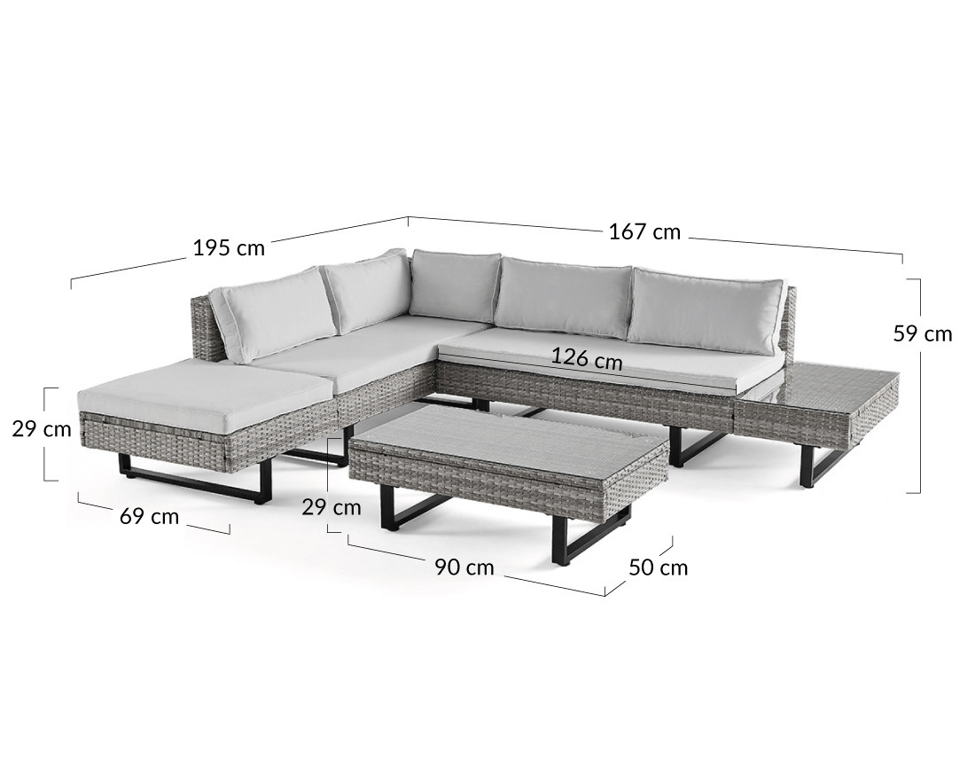Salon de jardin d’angle en résine beige et grise 5 places coussins gris clair et table incluse Sashi