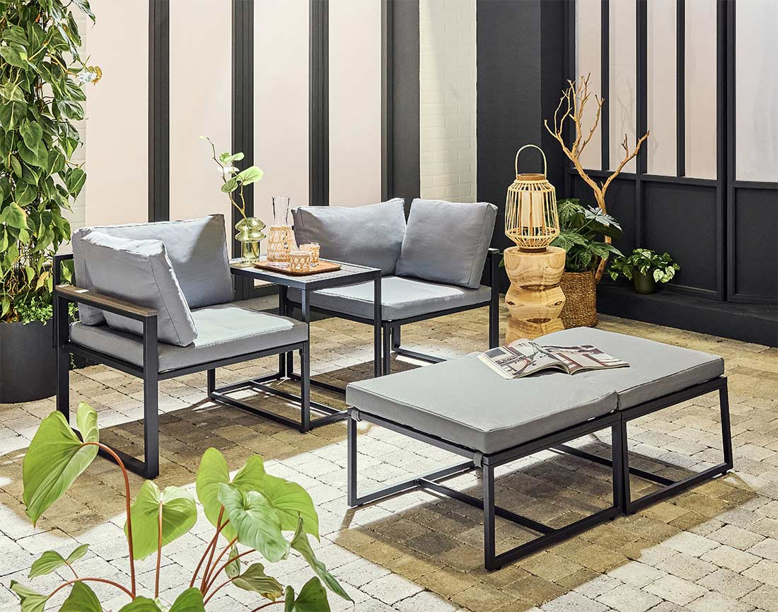 Salon de jardin modulable en acier noir 4 places coussins gris Beyla