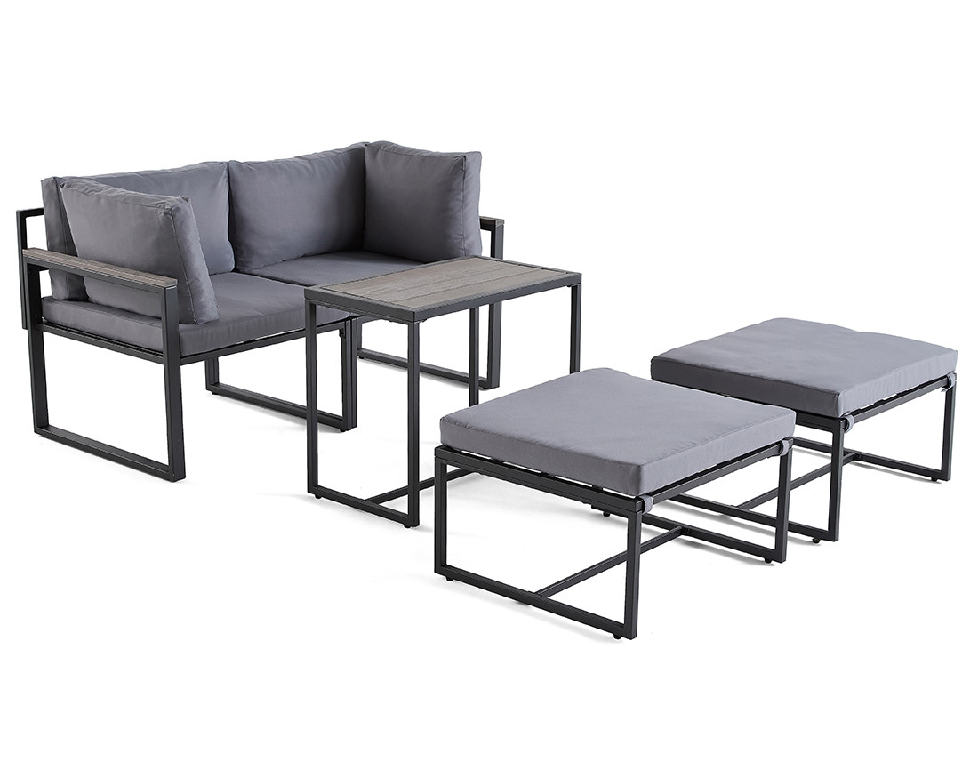 Salon de jardin modulable en acier noir 4 places coussins gris Beyla