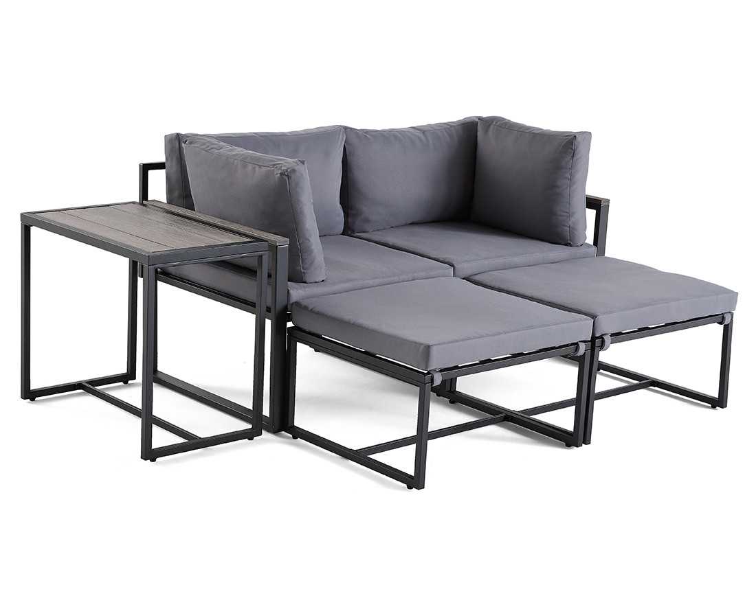 Salon de jardin modulable en acier noir 4 places coussins gris Beyla
