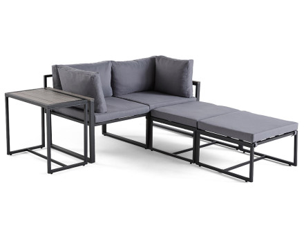 Salon de jardin modulable en acier noir 4 places coussins gris Beyla