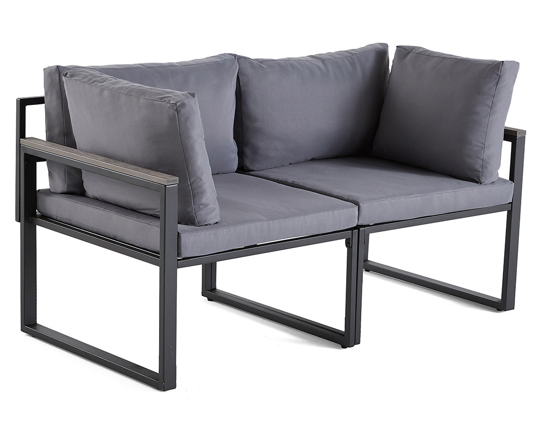 Salon de jardin modulable en acier noir 4 places coussins gris Beyla