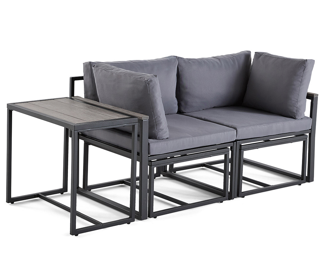 Salon de jardin modulable en acier noir 4 places coussins gris Beyla