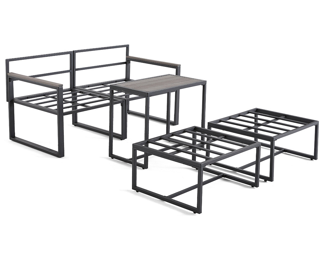 Salon de jardin modulable en acier noir 4 places coussins gris Beyla