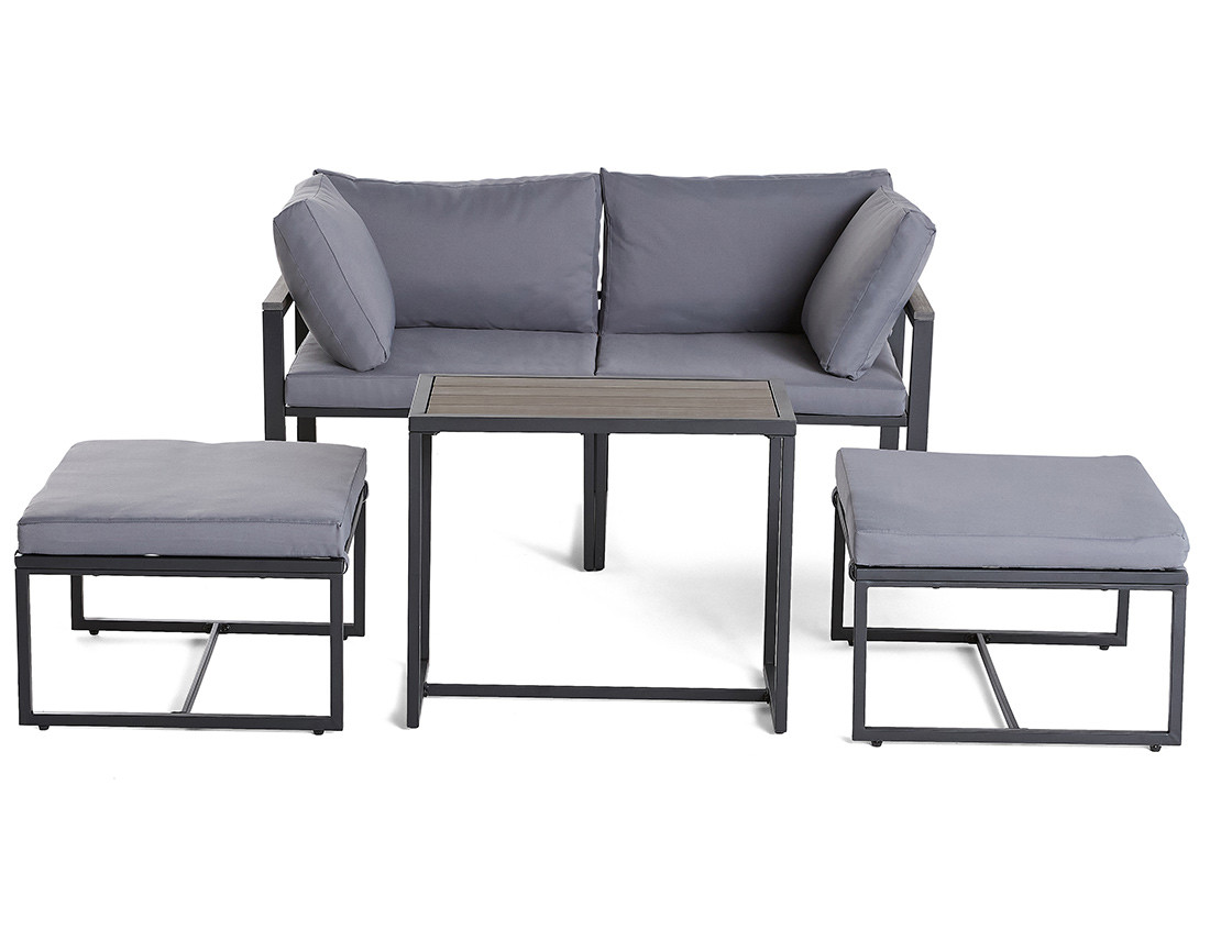 Salon de jardin modulable en acier noir 4 places coussins gris Beyla