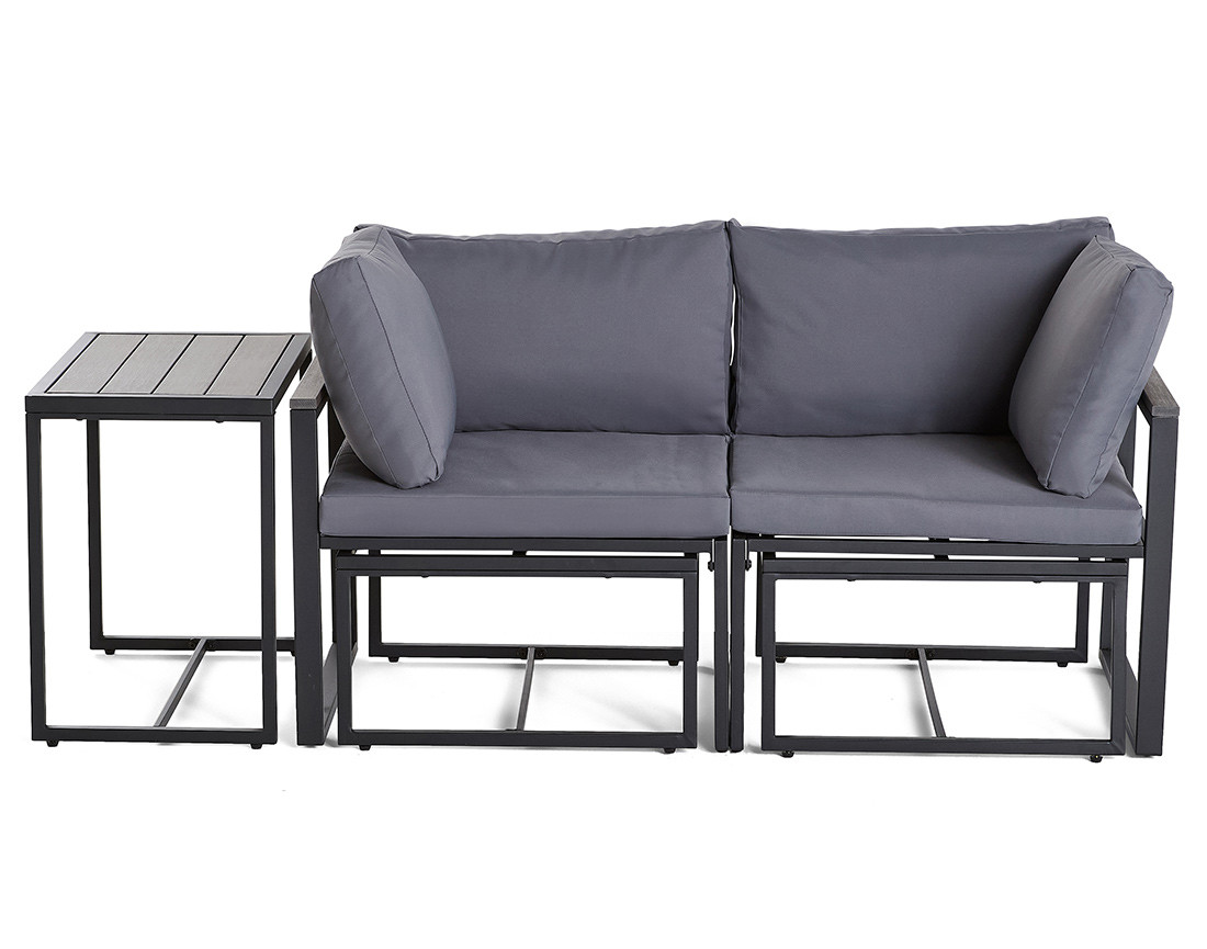 Salon de jardin modulable en acier noir 4 places coussins gris Beyla
