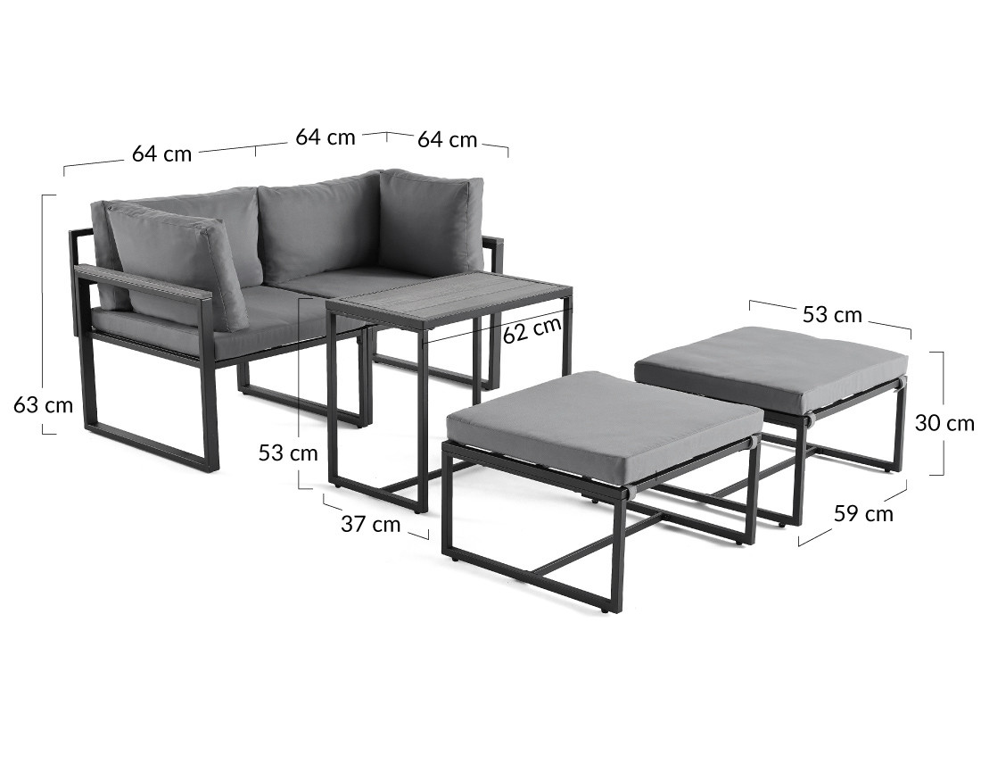 Salon de jardin modulable en acier noir 4 places coussins gris Beyla
