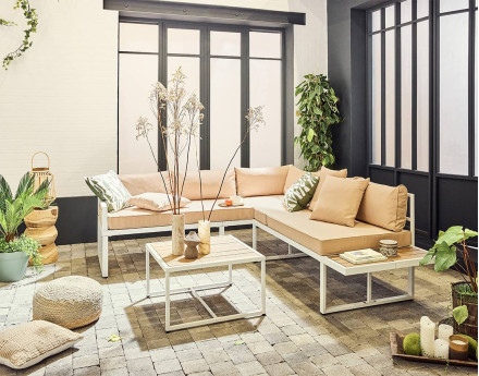 Salon de jardin d’angle en acier blanc 5 places coussins beige et table incluse Anoha
