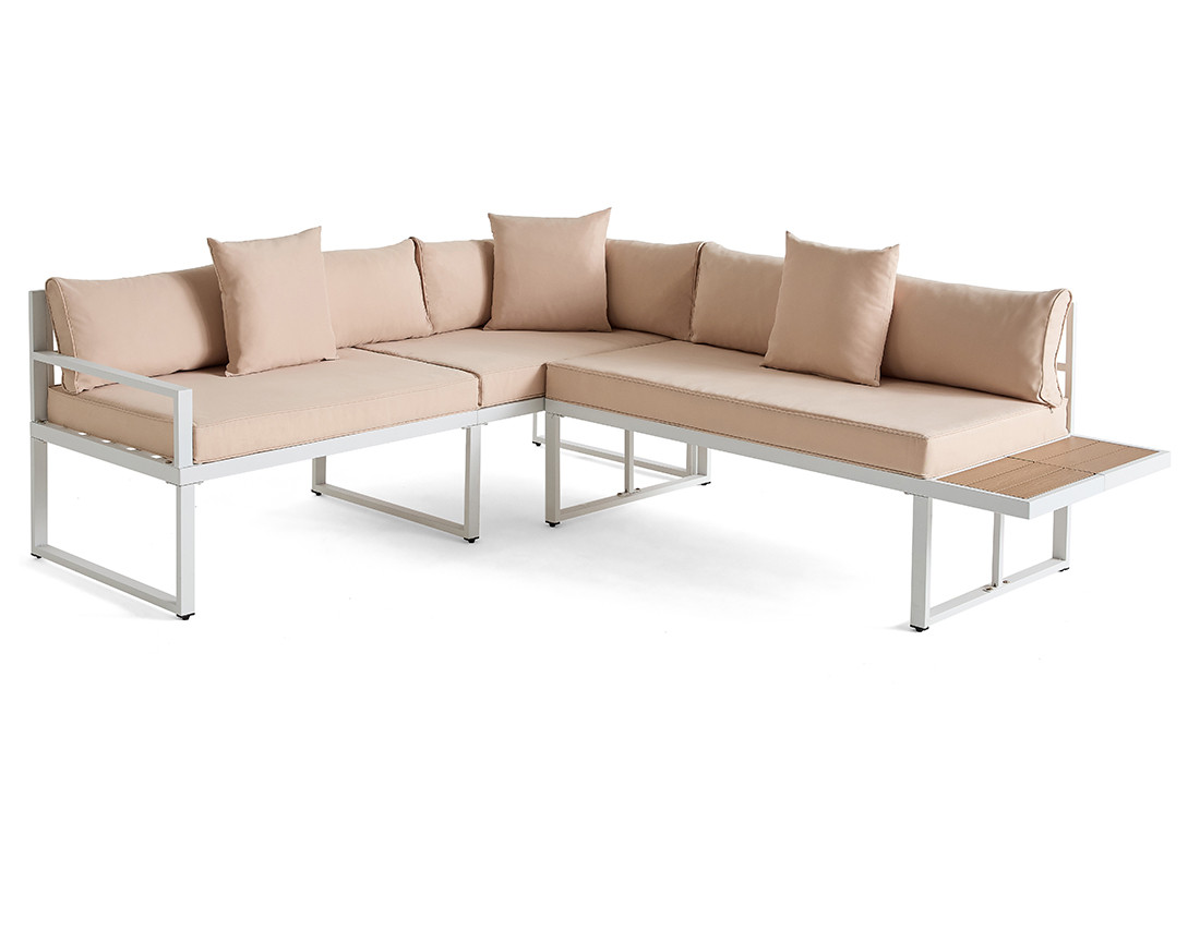 Salon de jardin d’angle en acier blanc 5 places coussins beige et table incluse Anoha