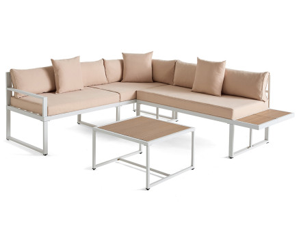 Salon de jardin d’angle en acier blanc 5 places coussins beige et table incluse Anoha