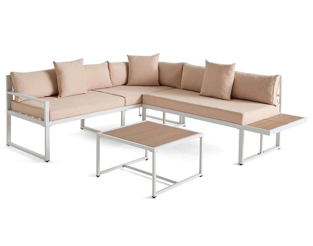 Salon de jardin d’angle en acier blanc 5 places coussins beige et table incluse Anoha