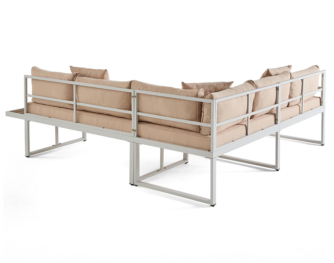Salon de jardin d’angle en acier blanc 5 places coussins beige et table incluse Anoha
